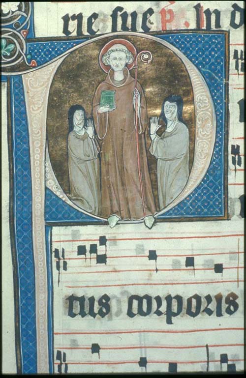 Thirteenth century illuminated antiphonary (c. 1290) used in Cambrai- W. 760, f. 113v (detailed): Bernard flanked by nuns