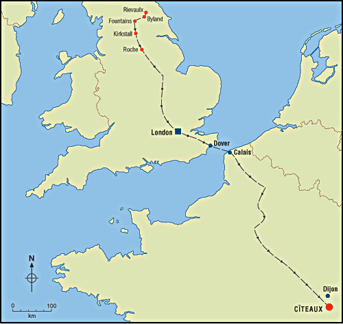Map showing the route probably taken by the Yorkshire abbots travelling to the General Chapter; after D. Williams, The Cistercians in the Early Middle Ages, p 39