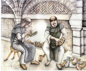 Artist's impression of a monks cleaning boots in the warming house