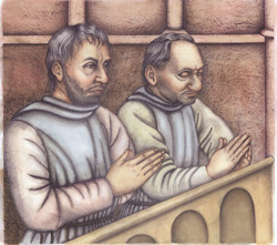 Artist's impression of the lay borthers at prayer in the choir  Cistercians in Yorkshire 