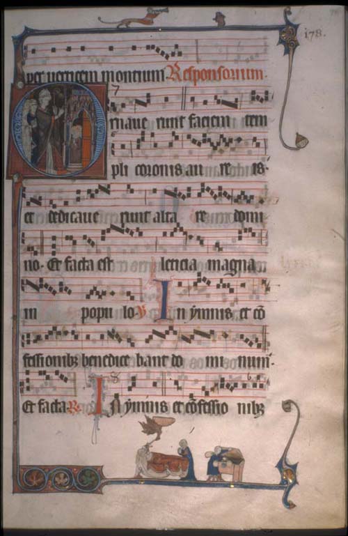 Thirteenth century illuminated antiphonary (c. 1290) used in Cambrai- W. 759, f. 90 (full page): showing the dedication of the church