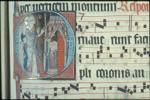 Thirteenth century illuminated antiphonary (c. 1290) used in Cambrai- W. 759, f. 90 (detailed): showing the dedication of the church