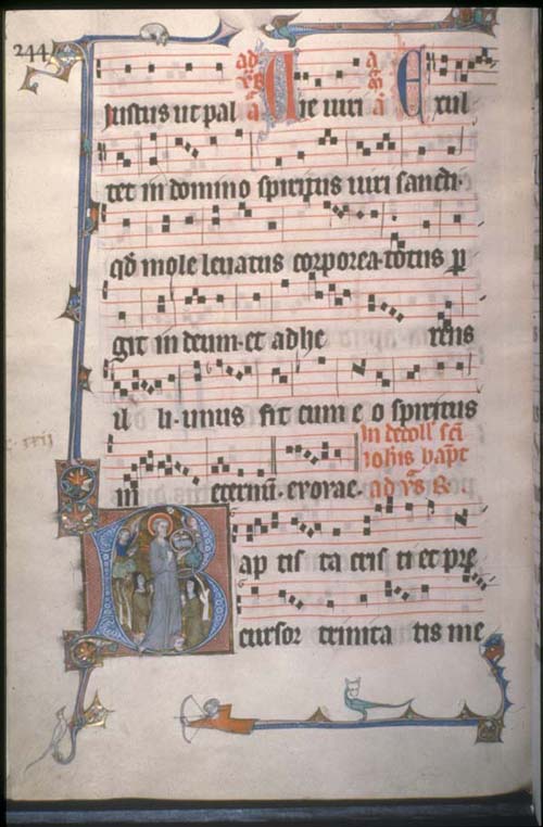 Thirteenth century illuminated antiphonary (c. 1290) used in Cambrai- W. 760, f. 122v (full page): John the Baptist flanked by nuns