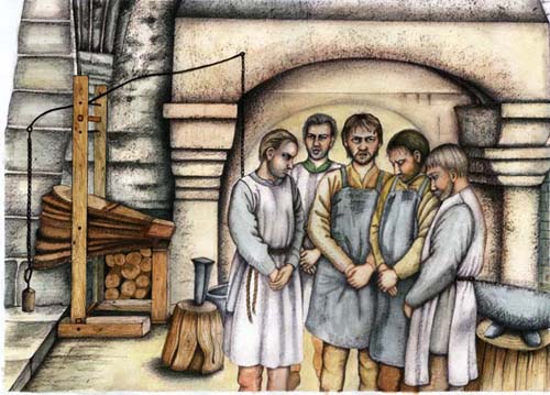 Artist impression of a laybrothers celebrating the office  in the forge