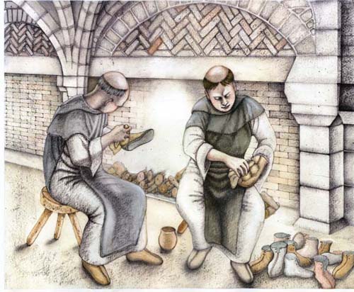 Artist Impression of cistercian monks cleaning shoes