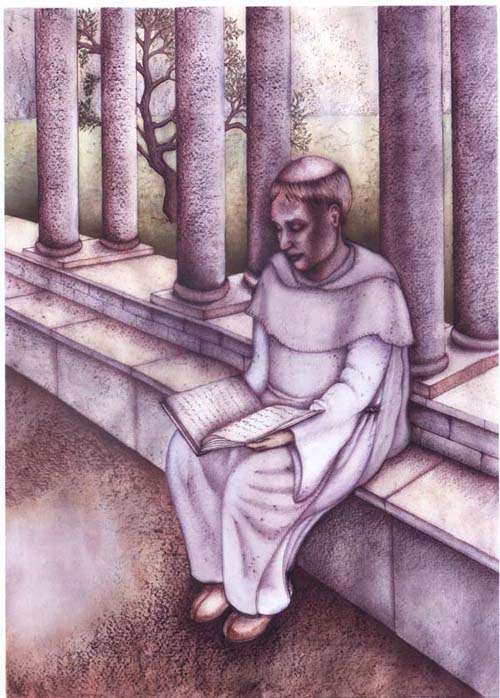 Artist impression of a monk reading in the cloister