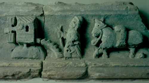 Carving of mill, miller and mule from Rievaulx
              Abbey