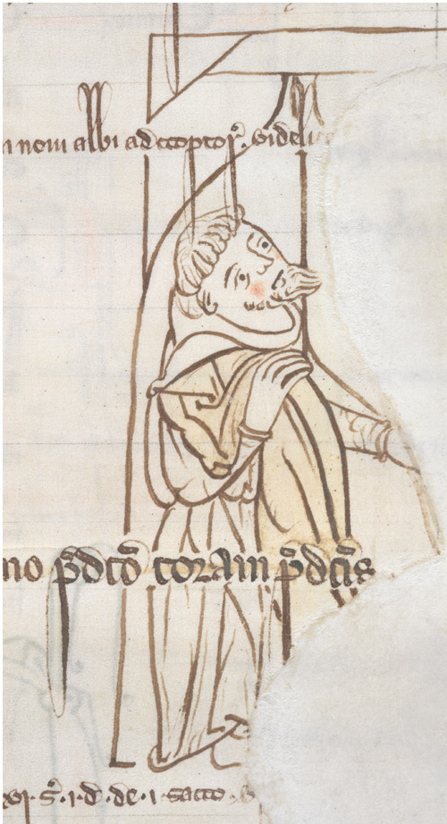 Figure carrying a sack, from thirteenth-century
              account book of Beaulieu Abbey