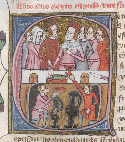 Page from the 'Omne Bonum', showing a regal banquet