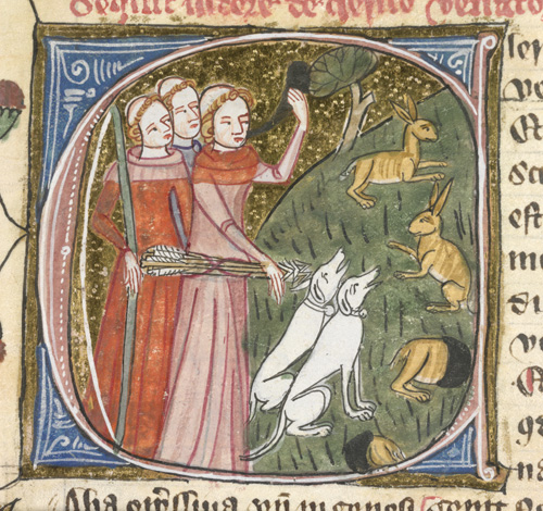 Page from the 'Omne Bonum', showing clerks hunting