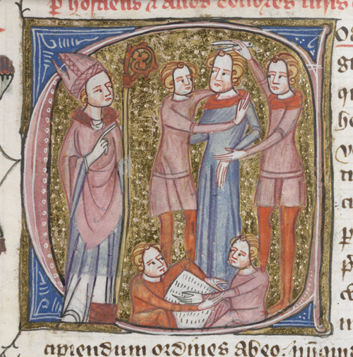 Page from the 'Omne Bonum', showing the receiving of the tonsure under compulsion