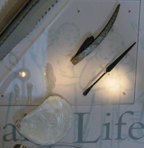 Artefacts from Fountains Abbey: oyster shell
              razor (c.1450, bottom); cut throat razor (c.1500, top left); spatula
              for mixing ointment, (c.1350, right)