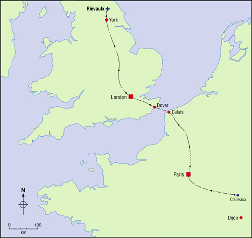 Map of Possible route taken by the Clairvaux monks who settled at Rievaulx in 1132.