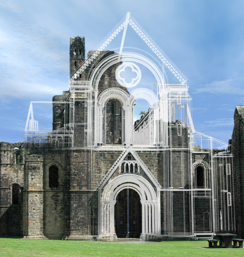 The abbey church at Kirkstall in the present
              day, and as it would have looked