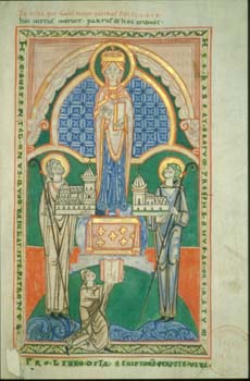 MS 130 f. 104: St Stephen Harding (right) and the Benedictine abbot of St Vaast (left) present models of their churches to the Virgin. A scribe, Osbert, is shown at the foot of the image and offers his manuscript