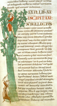 MS 173: f 41r: the above, image from the Moralia in Job, shows a monk and a novice (or layman) felling a tree.