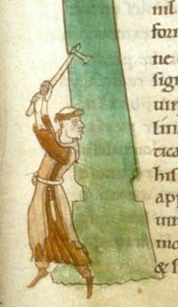 Image of a monk chopping down a tree