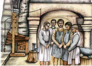 Artist's impression of a lay-brothers celbrating the office in the forg