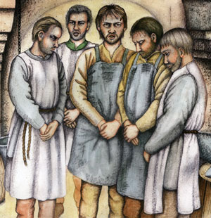 Artist's impression of a lay-brothers celbrating the office in the forg