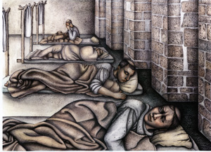 Artist's impression of monks sleeping