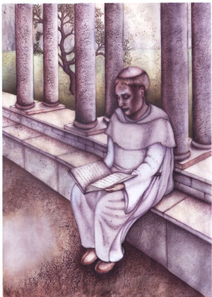 Artist's impression of a monk reading in the cloister