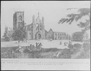 Black and white photograph on glass slide showing John Bouttats' oil painting of the west range of Kirkstall Abbey in 1738. In this painting the tower is intact, part of the laybrothers' building is still standing and the old laybrothers' reredorter appears to be inhabited. This and two other oil paintings originally made a set and have been discussed in detail by Peter Brears (1998) 'Prospects of Kirkstall Abbey Ano Dom 1738', Leeds Museums and Galleries Review 1, 5-7