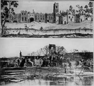 Photographic glass slide comparing two views of the Kirkstall Abbey ruins from the south. The image above is an engraving by Samuel Buck (1696-1779) of 1723. The photograph below was taken during the mid to later 19th century when the abbey and grounds were part of the Cardigan estates. The ruins had deteriorated by the time of this photograph. Large trees are growing amongst the ruins. Boat sheds can also be seen on the riverbank.