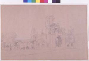 Pencil drawing on brown paper of Kirkstall Abbey church and east range by Joseph Farington (1747-1821).  Farington visited Kirkstall Abbey in 1792 and 1801. The artist was also well known as a diarist. Entries in his diary for 27th and 28th August 1801 record a visit to Kirkstall Abbey to draw this picture of the ruins. Leeds Art Gallery 495/23.