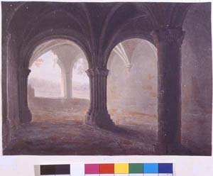 19th century watercolour of the interior of the chapter house of Kirkstall Abbey. English School.