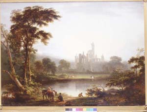  A distant view of Kirkstall Abbey from the south west. Oil painting by Joseph Rhodes (1782-1855). The scene in the foreground may represent the Bramley Fall quarries
