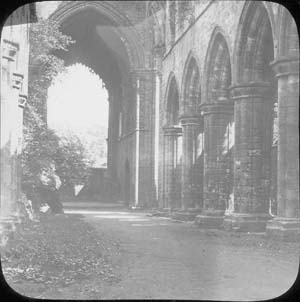 View along the nave of the church at Kirkstall Abbey looking west. Trees can be seen growing in the gap created by the partial collapse of the tower in 1779 on the right. The photograph must, therefore, have been taken prior to the the programme of conservation in 1892-6 when this damage was repaired.